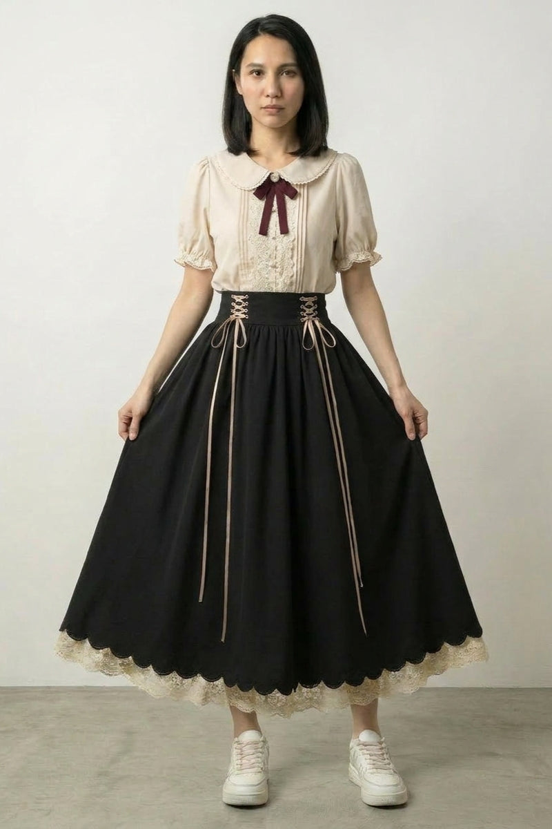 Ensemble robe japonaise noire formelle Sumiyoru haut col Claudine crème dentelle jupe corset noir laçage taille haute Japanstreet