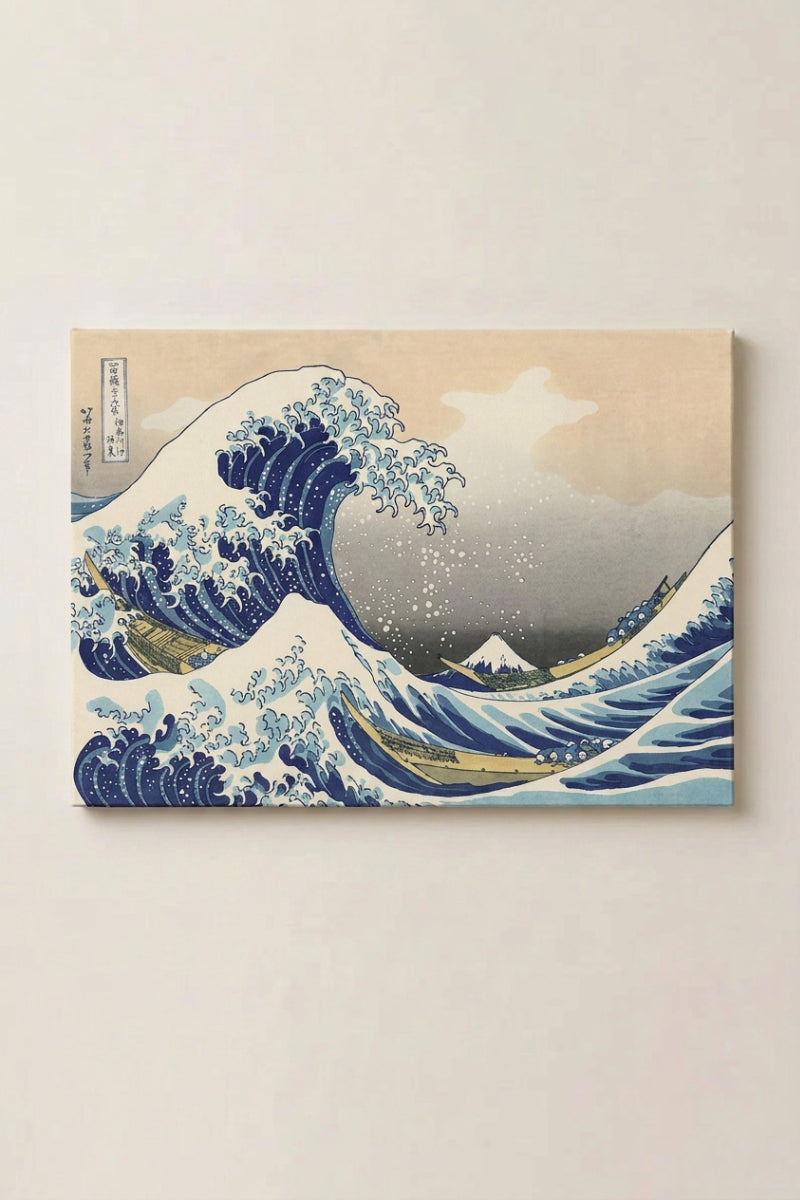 Estampe japonaise 'Kanagawa' en panneau encadré sur mur beige — grande vague écumante s'enroulant au-dessus de barques, mont Fuji minuscule à l'arrière-plan