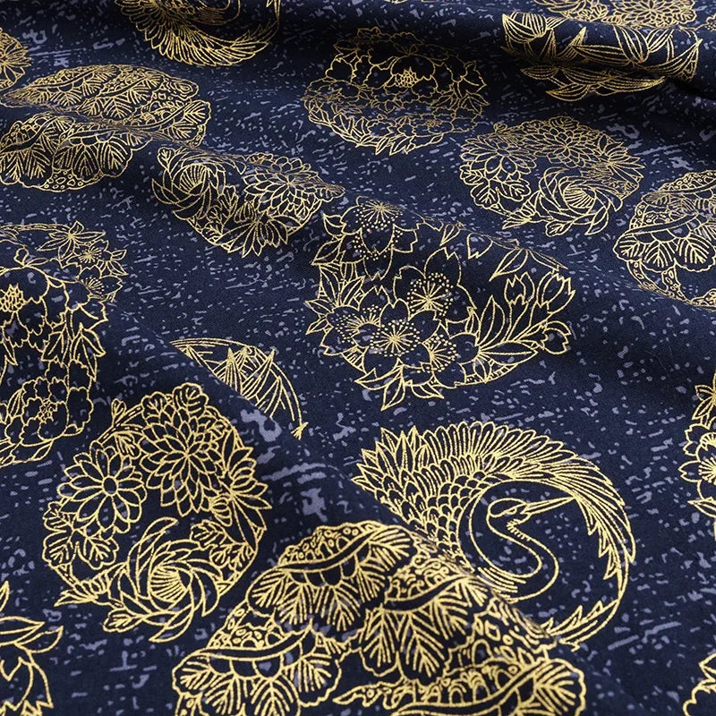 Furoshiki 'Kogane Hana' Brocart Floral Doré Marine