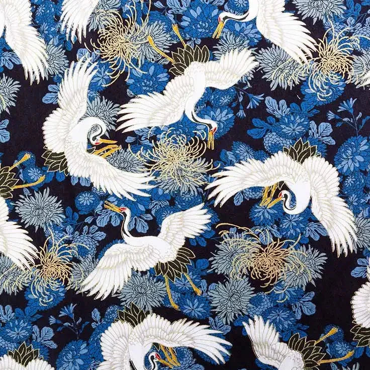 Furoshiki 'Tsuru Hana' Grues et Chrysanthèmes Bleus