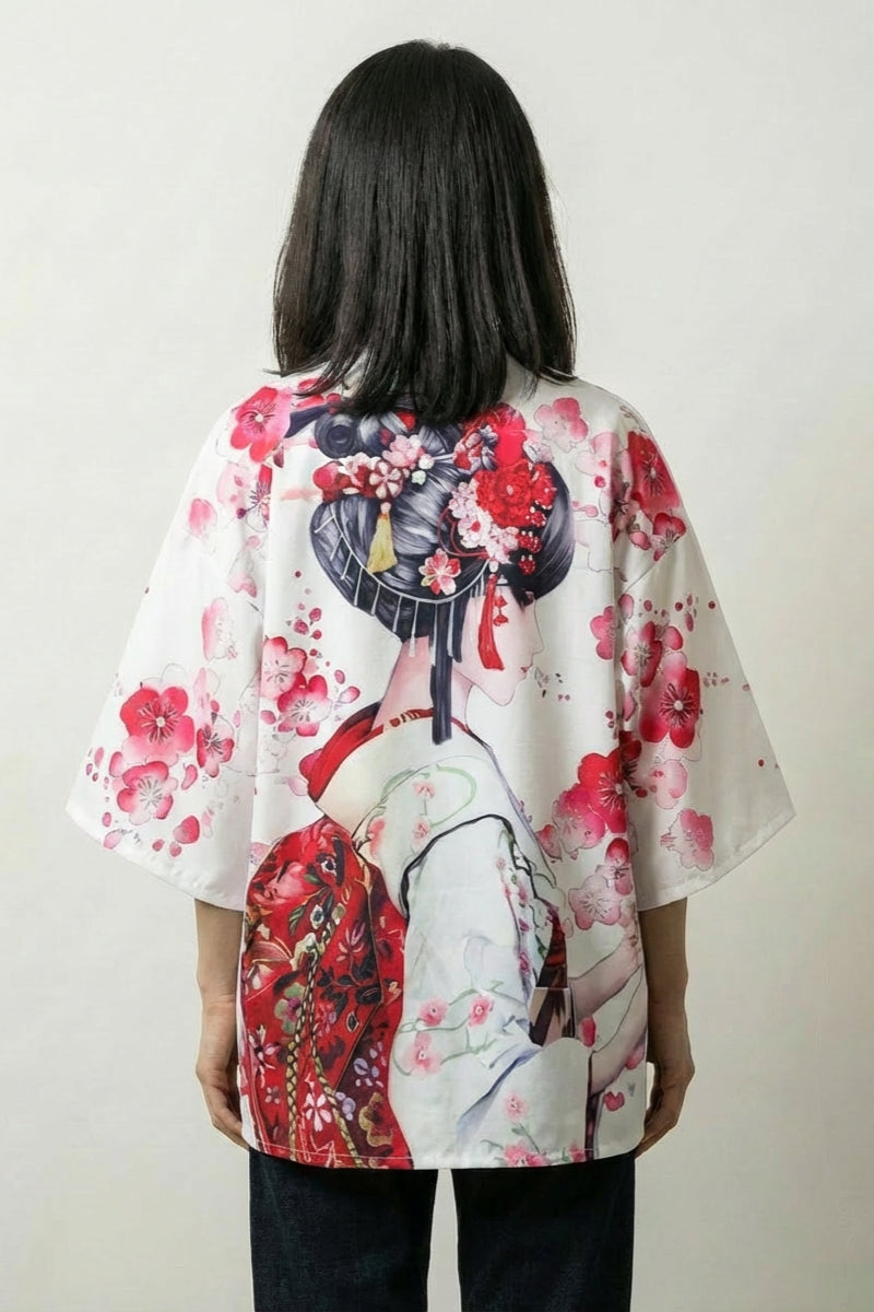 Geisha cardigan Sakura x Geiko blanc vue dos geisha sakura streetwear japonais Japanstreet