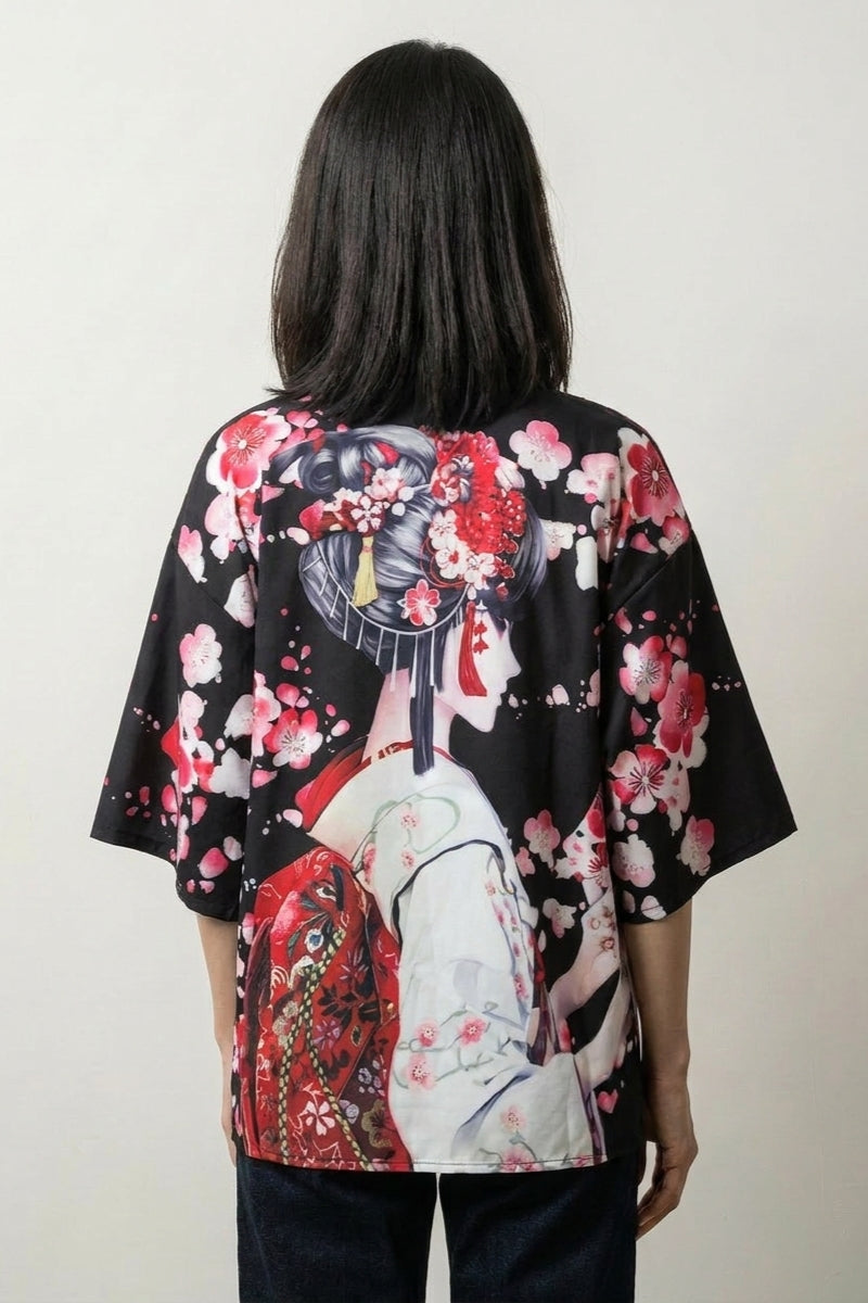 Geisha cardigan Sakura x Geiko noir vue dos geisha sakura streetwear japonais Japanstreet