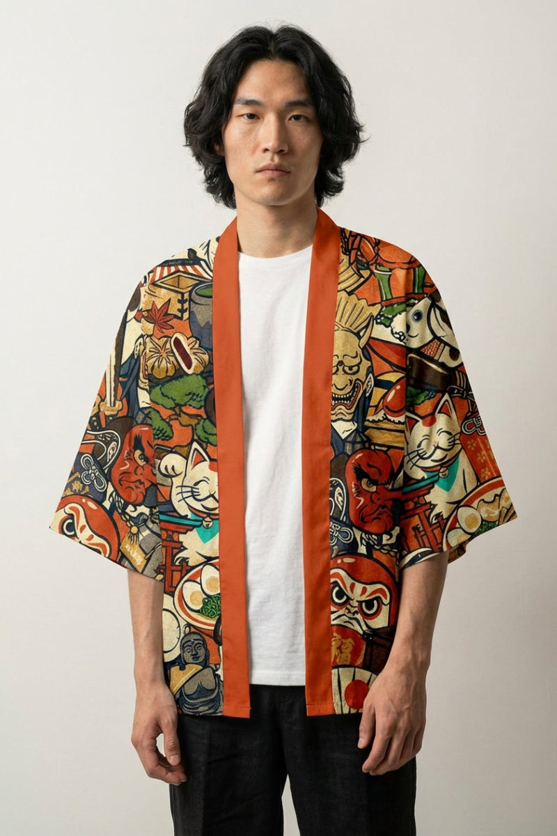 Haori anime Nihon no Shinboru, vue dos : maneki neko, sushi, geisha et daruma en style anime kawaii, veste kimono japonaise - Japanstreet