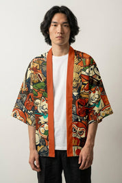 Haori anime Nihon no Shinboru, vue dos : maneki neko, sushi, geisha et daruma en style anime kawaii, veste kimono japonaise - Japanstreet