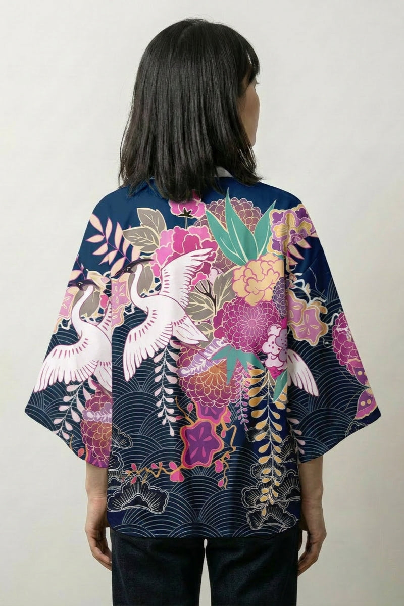 Haori femme japonais Kanoya vue de dos motifs fleurs et oiseaux Japanstreet