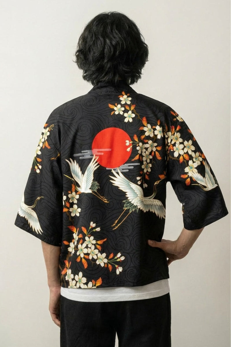 Haori homme japonais Kitakami vue de dos motifs grues et soleil Japanstreet