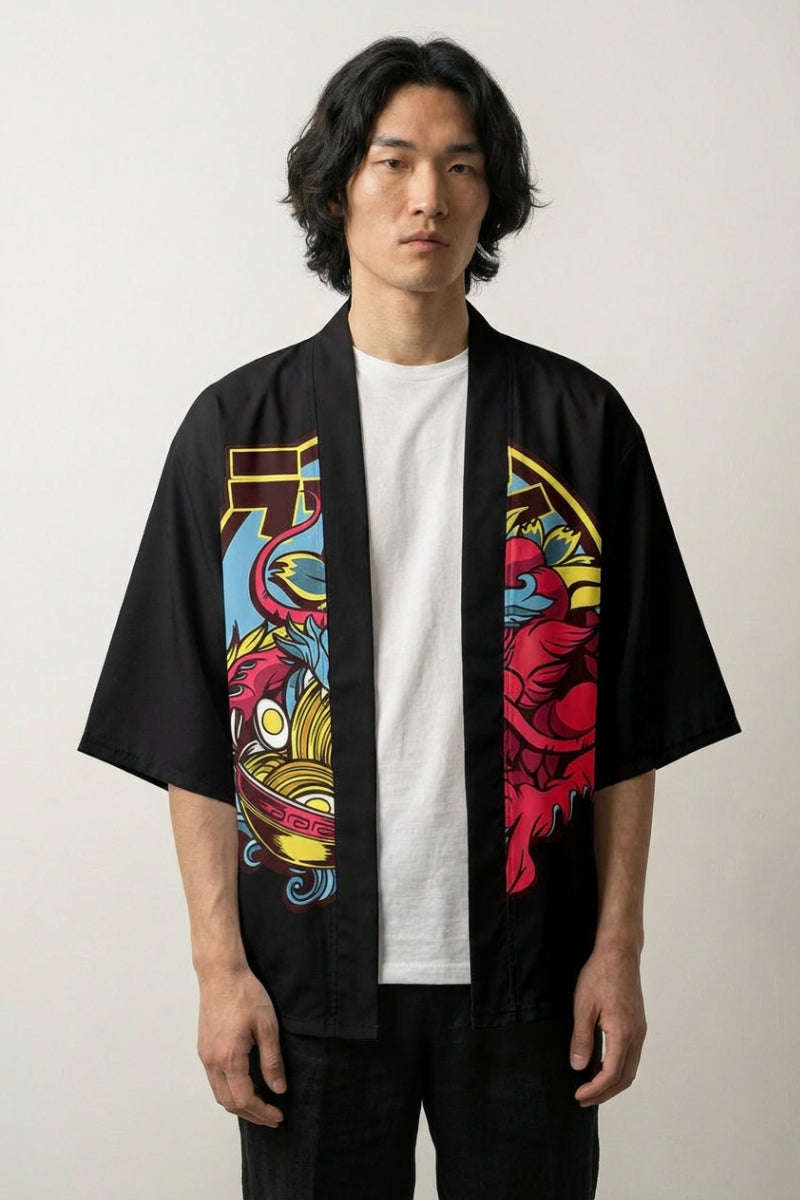 Haori jacket Dragon x Ramen noir, vue dos : dragon rose lové autour d'un bol de ramen, style pop, veste kimono japonaise - Japanstreet