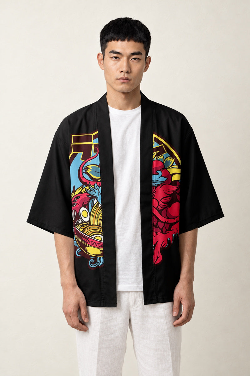 Haori Jacket Dragon x Ramen porté par un homme, vue de face.