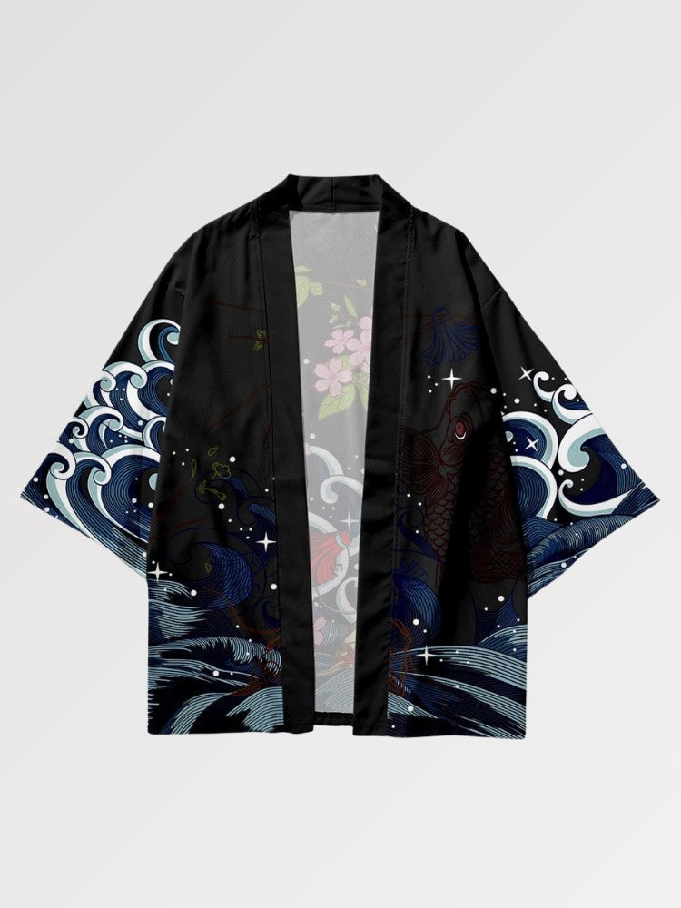 Haori japonais Carpe Koi x Sakura coupe ample manches kimono streetwear nippon Japanstreet
