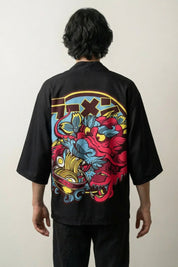 Haori japonais Dragon x Ramen vue de dos motif dragon rose et bol de ramen graphique Japanstreet