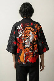 Haori japonais Japan Taiga vue de dos tigre orange feuilles érable rouge kanji blanc Japanstreet