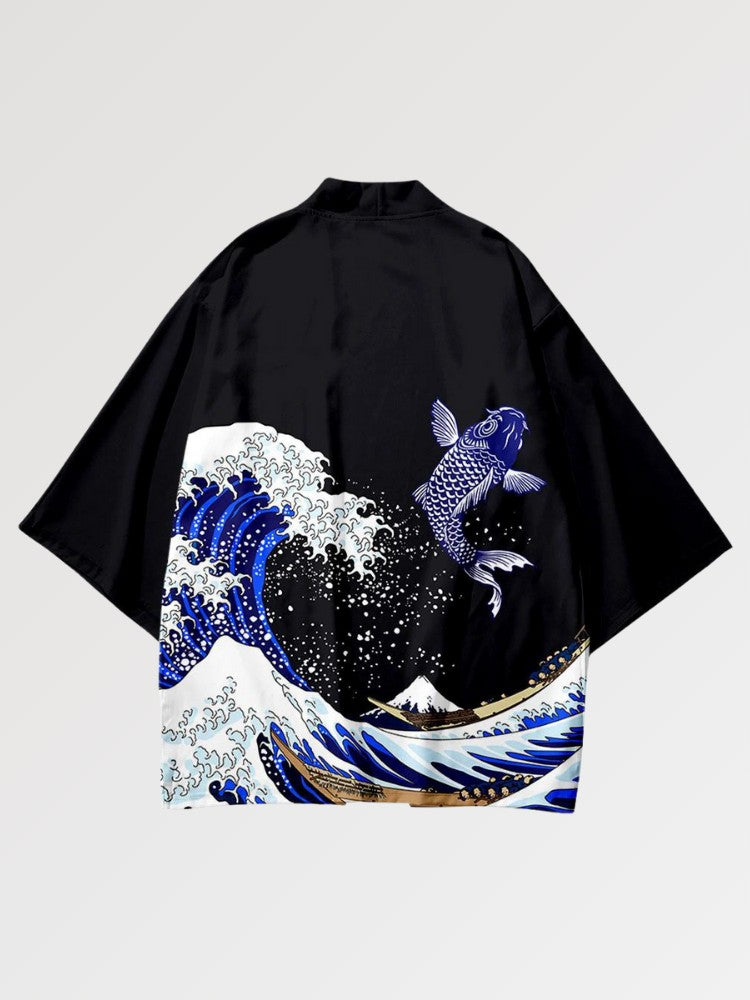 Haori japonais Kanagawa détail soleil rouge et vague style estampe Edo Japanstreet