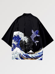 Haori japonais Kanagawa détail soleil rouge et vague style estampe Edo Japanstreet