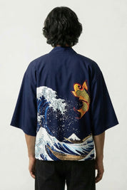 Haori japonais Kanagawa vue de dos vague Hokusai grande vague mont Fuji style traditionnel Japanstreet