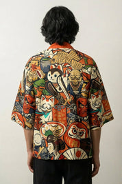 Haori japonais Nihon no Shinboru vue de dos motifs anime kawaii maneki neko sushi geisha Japanstreet
