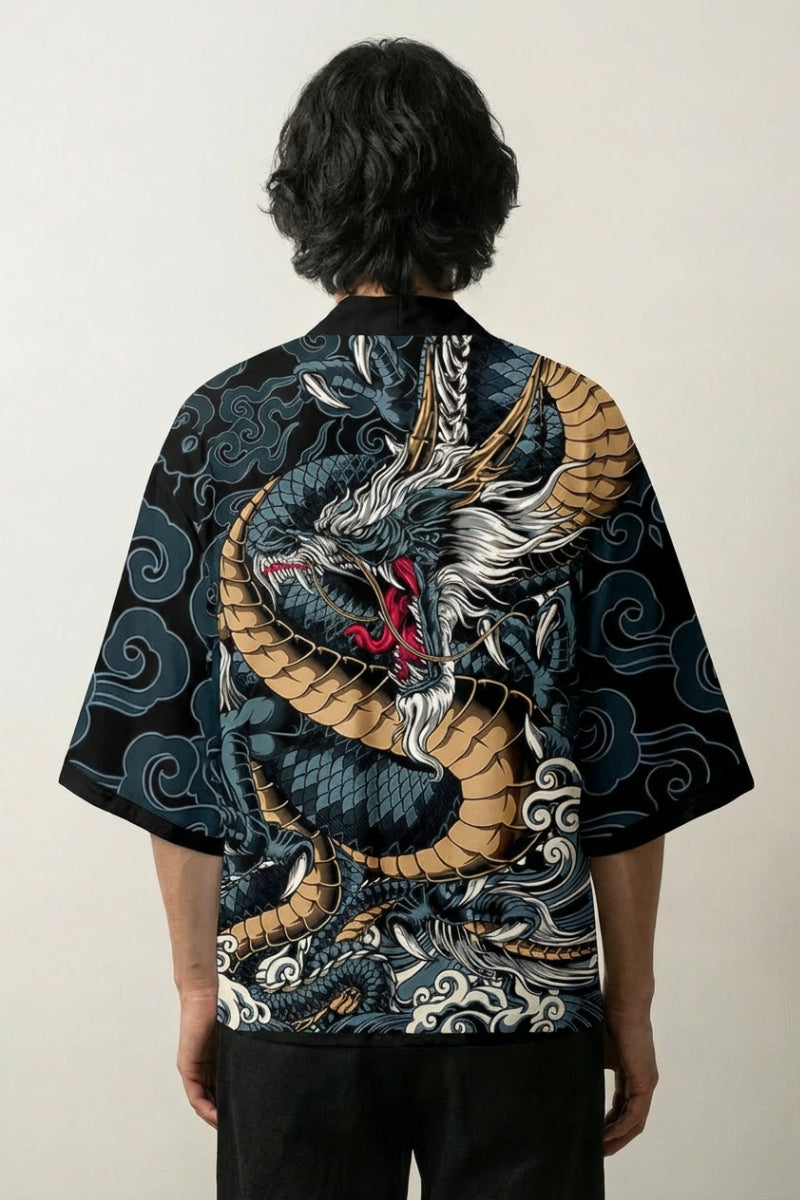 Haori japonais The Ryu-Jin vue de dos dragon bleu et vagues blanches nuages motif samurai Japanstreet