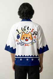 Haori japonais Shiba Inu vue de dos motif chien kawaii ourlet bleu marine Japanstreet