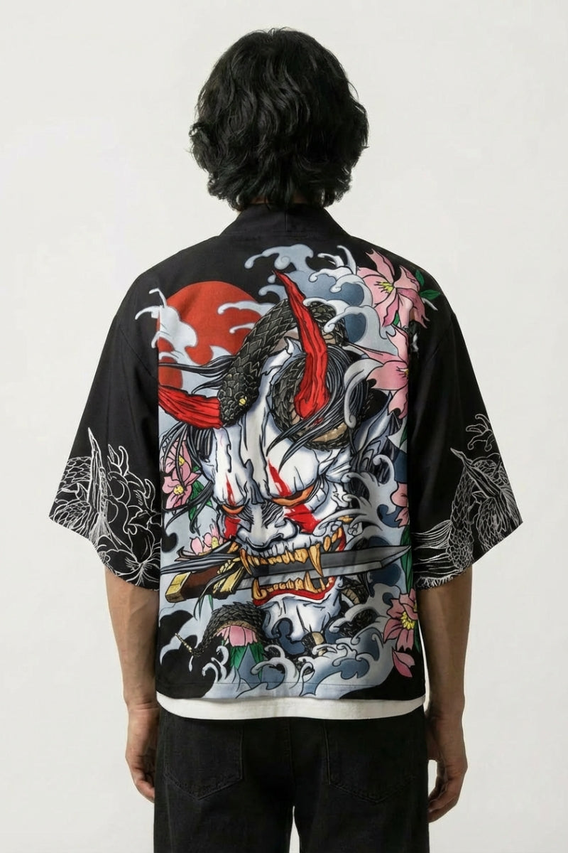 Haori japonais Takeshido Oni vue de dos masque oni rouge et grues blanches motif samurai Japanstreet
