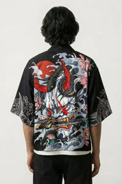 Haori japonais Takeshido Oni vue de dos masque oni rouge et grues blanches motif samurai Japanstreet