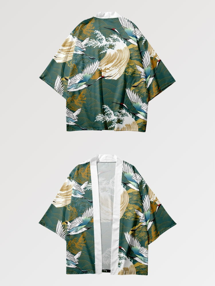 Haori kimono cardigan Tsuru no Gawa motif grues nature vert doré japonais Japanstreet