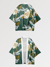 Haori kimono cardigan Tsuru no Gawa motif grues nature vert doré japonais Japanstreet