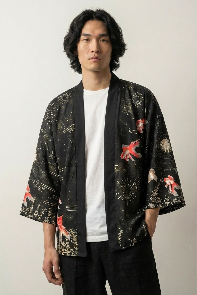 Haori kimono homme Sadao motif carpes koï rouges chrysanthème blanc feux d'artifice hanabi sur fond noir coton coupe haori manches trois-quarts streetwear japonais Japanstreet