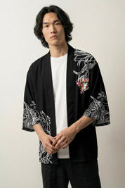 Haori samouraï Takeshido Oni noir, vue dos : masque oni rouge et grues blanches, veste kimono japonaise - Japanstreet