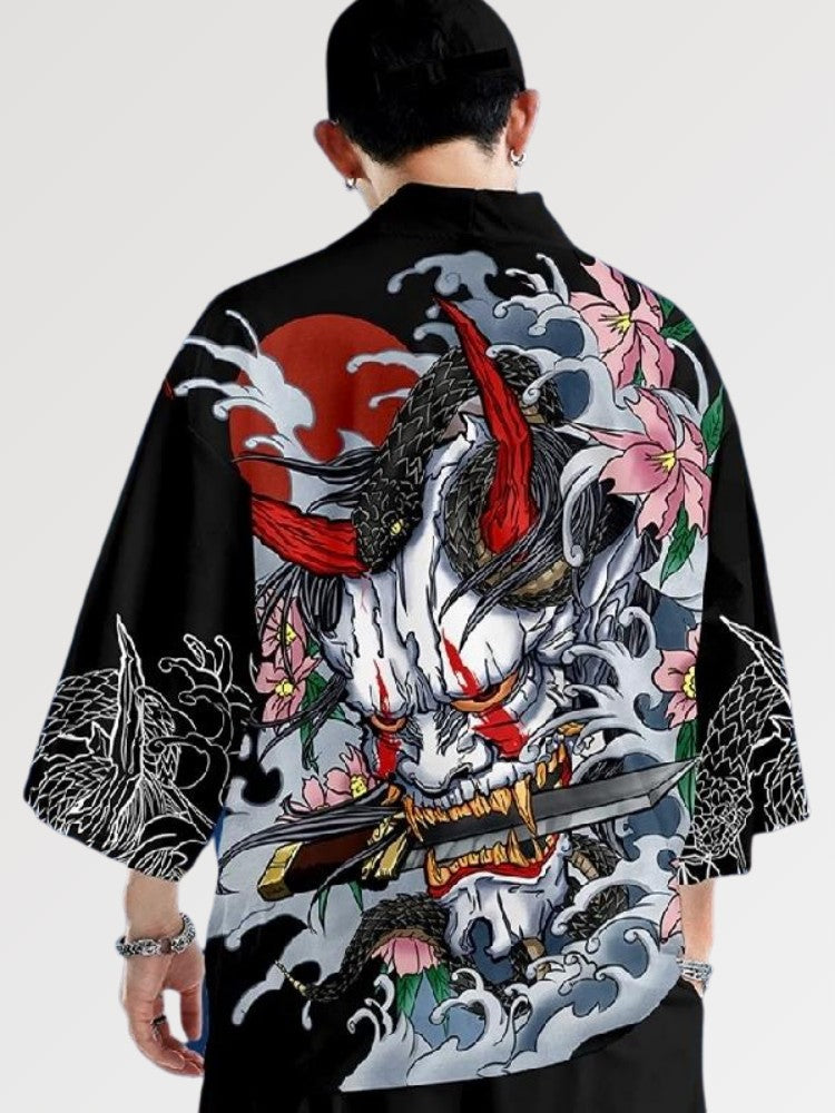 Haori samurai Takeshido Oni noir motif démon rouge grues style nippon traditionnel Japanstreet
