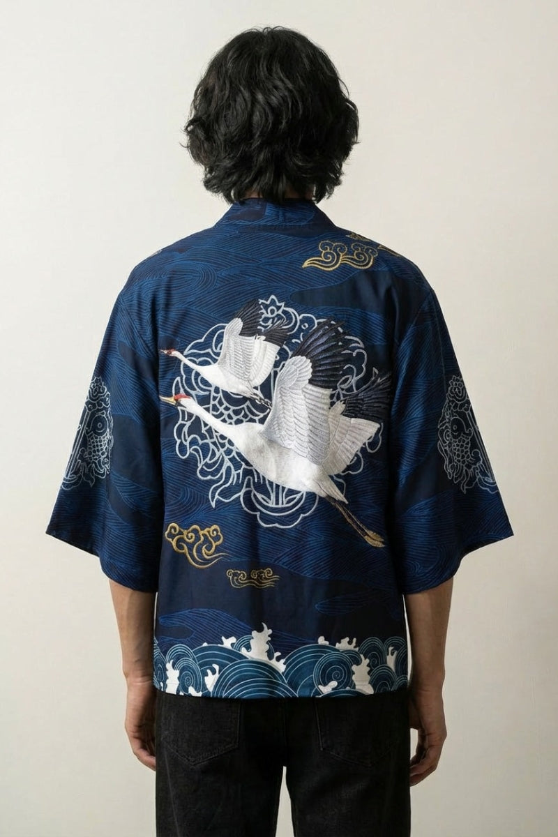 Haori streetwear japonais Tsuru Motif vue de dos motifs grues et vagues Japanstreet