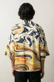 Haori streetwear Psykomida vue de dos motif marbré or jaune et marine psyché abstrait japonais Japanstreet