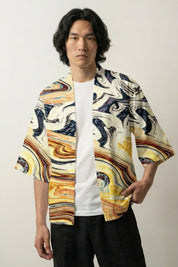 Haori streetwear Psykomida vue de face motif marbré liquide écru jaune or et marine style moderne Japanstreet