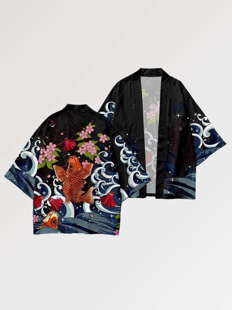 Haori Tokyo Carpe Koi x Sakura motif poisson koi sakura vagues nuit étoilée Japanstreet