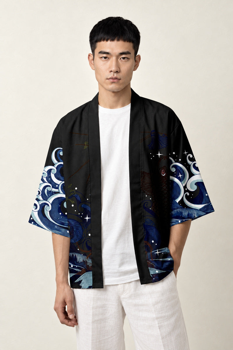 Haori Tokyo Carpe Koi x Sakura porté par un homme, vue de face.
