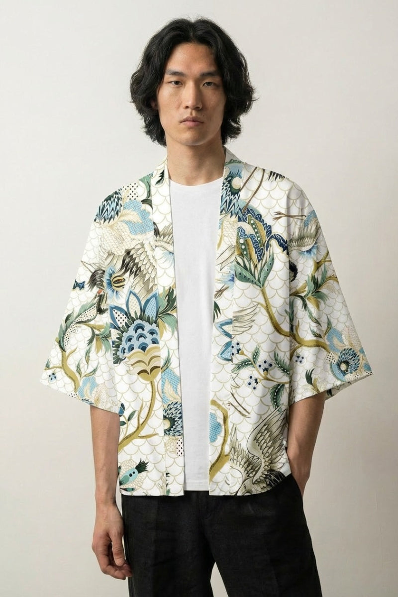 Haori vintage Ishioka Édition blanc à motifs floraux et oiseaux style traditionnel japonais Japanstreet