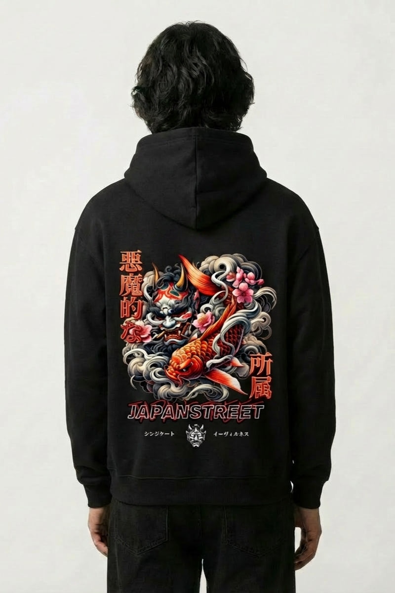 Hoodie japonais vintage noir, vue dos : carpe koï rouge, cerisiers et kanji, style streetwear japonais - Japanstreet