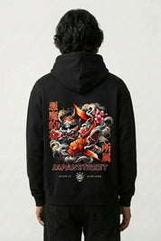 Hoodie japonais vintage noir, vue dos : carpe koï rouge, cerisiers et kanji, style streetwear japonais - Japanstreet