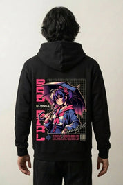 Hoodie manga noir, vue dos : personnage féminin bad girl sous un parapluie, style streetwear japonais - Japanstreet