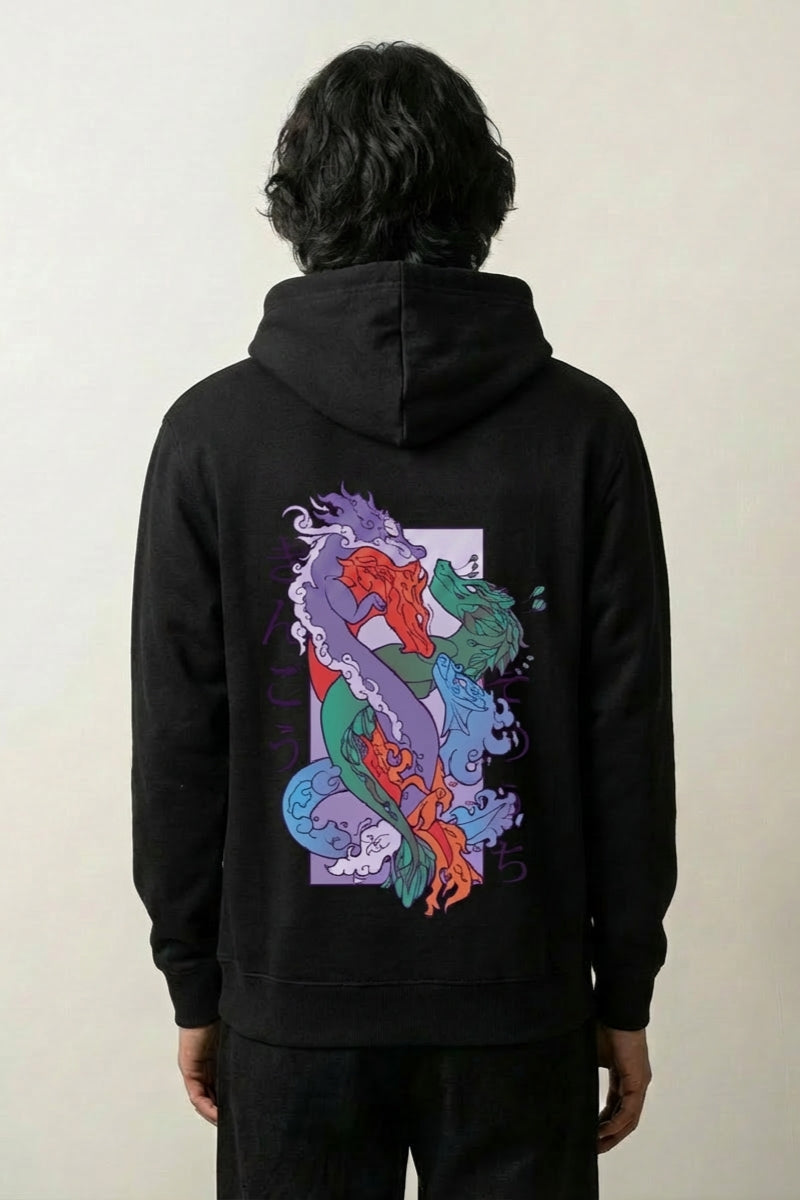 Hoodie style japonais noir, vue dos : dragon-carpe dans des tons violets, esprit kinko, style streetwear japonais - Japanstreet