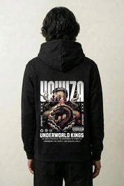 Hoodie yakuza noir, vue dos : dragon dans le style de l'irezumi japonais, ambiance underworld, style streetwear japonais - Japanstreet