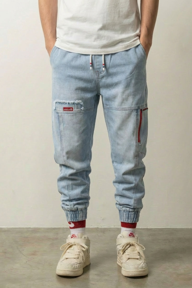 Jean délavé homme Korea Fit bleu clair coupe cargo à poches plaquées et chevilles élastiquées Japanstreet