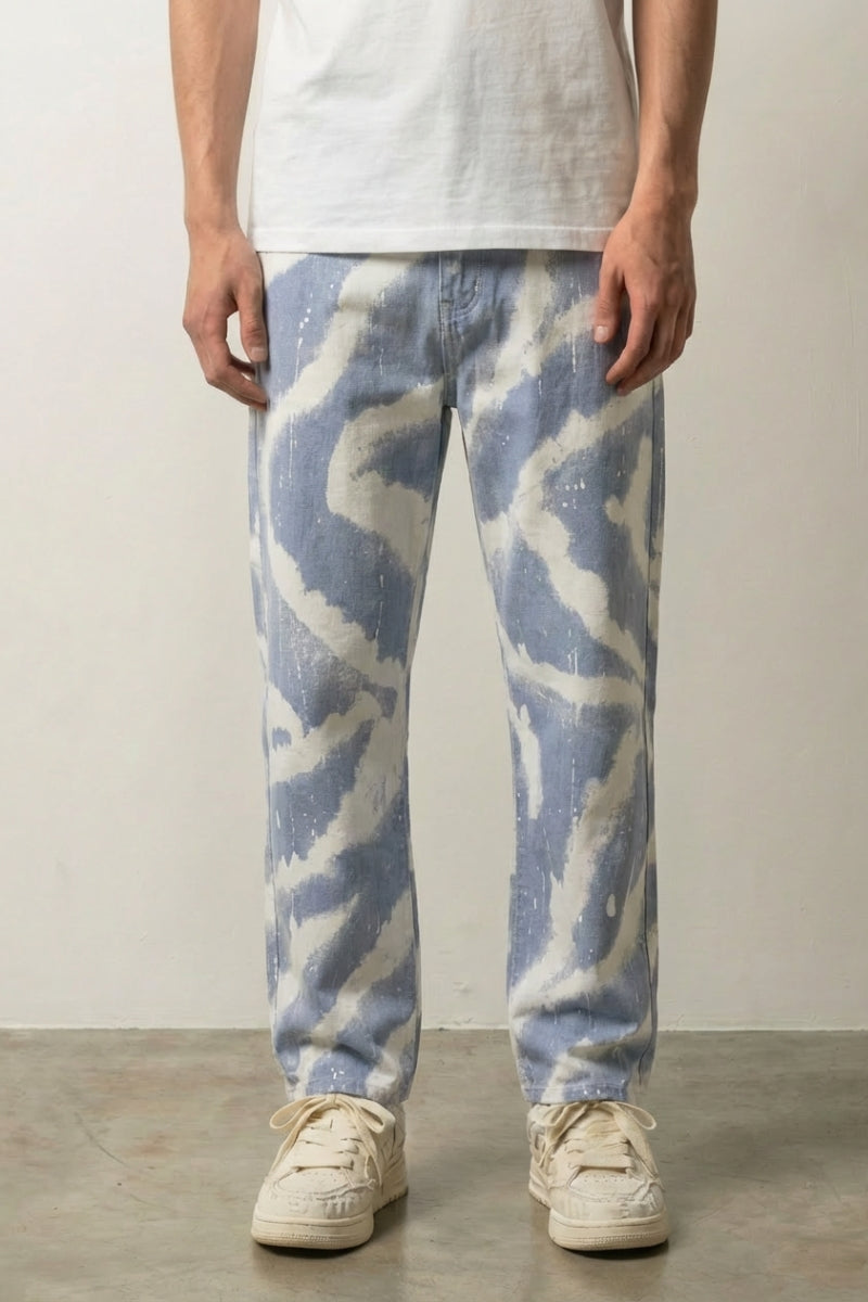 Jean tie and dye homme Springfit motif paisley bleu et blanc coupe droite urbaine Japanstreet