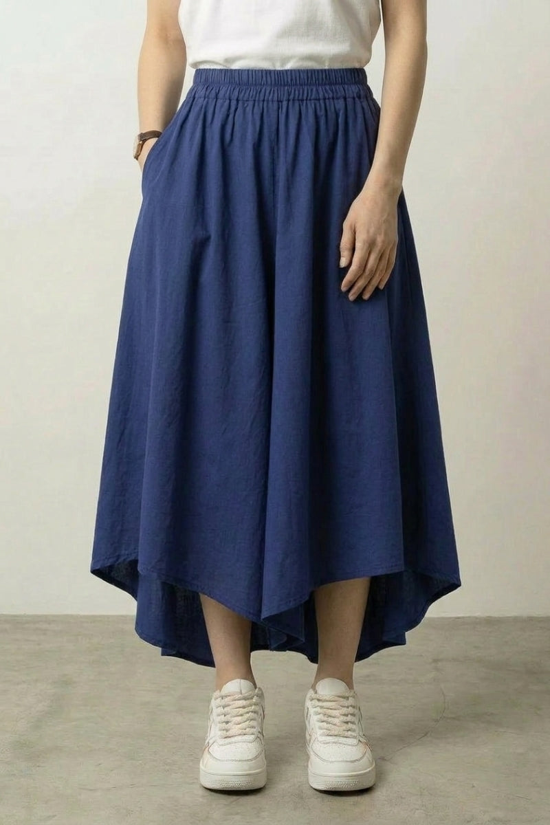 Jupe hakama femme Naitoburu marine indigo ourlet asymétrique coupe a-line japonaise Japanstreet