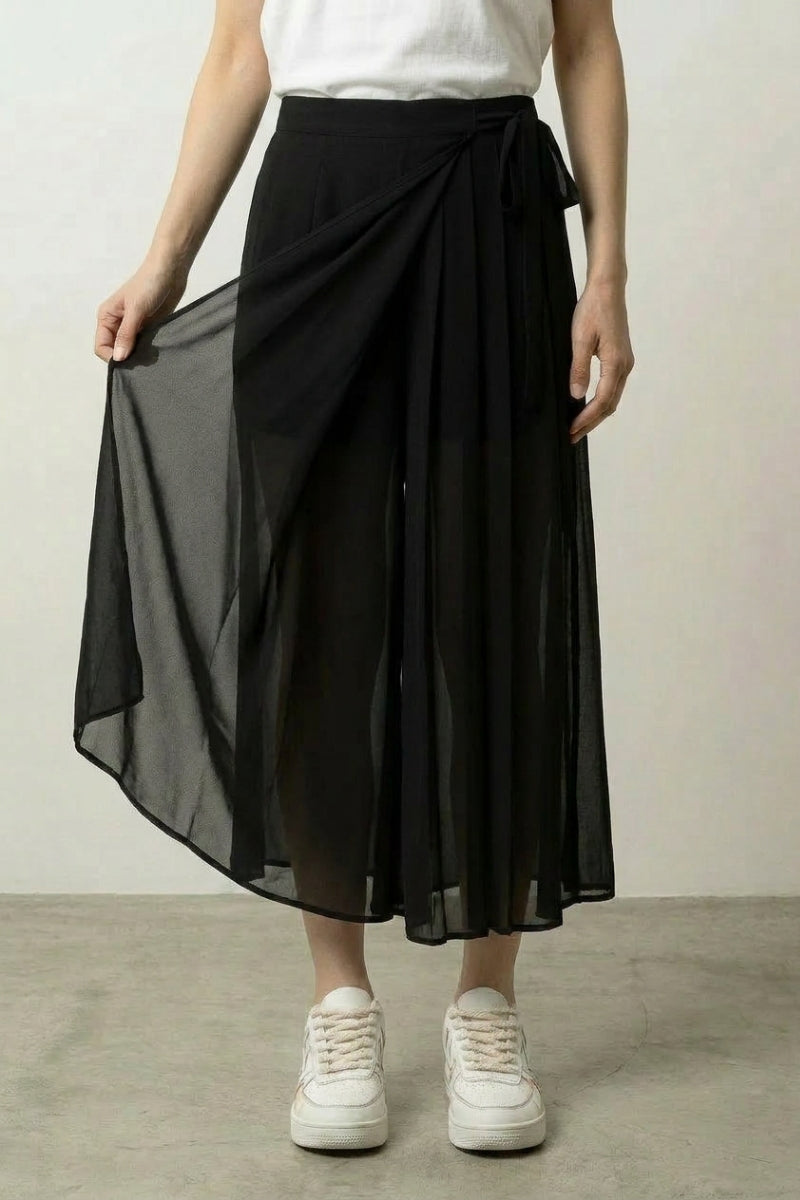 Jupe plissée hakama femme Jiminakuro noire voile superposé ceinture nouée graphique Japanstreet