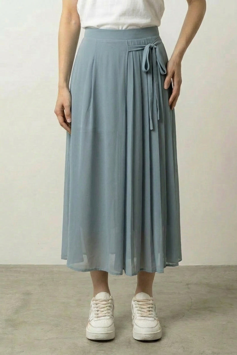 Jupe plissée hakama femme Shian cyan bleu vert clair voile superposé ceinture nouée Japanstreet