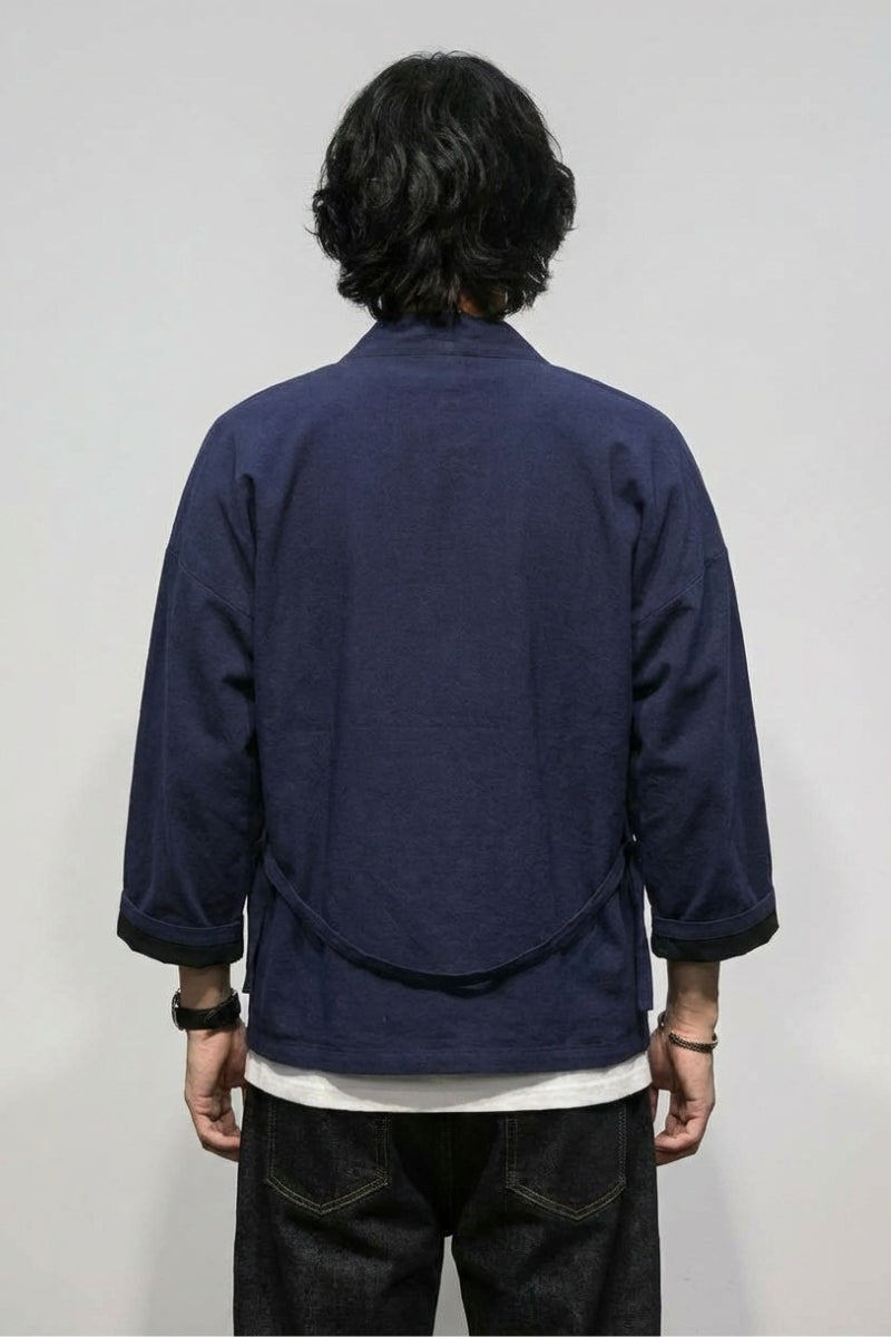 Kimono bleu homme Yuudai marine vue dos coton haori manches trois-quarts streetwear japonais Japanstreet