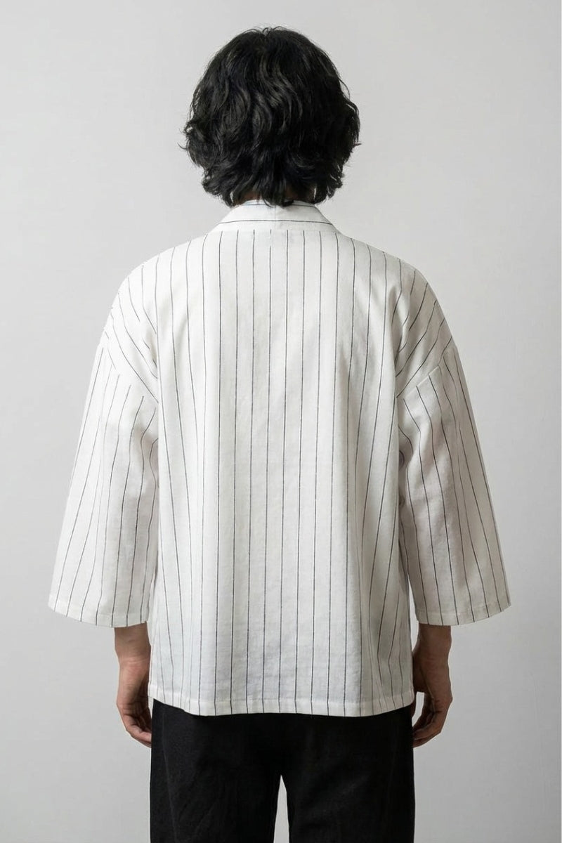 Kimono cardigan blanc à rayure Takao vue dos rayures verticales coton lin manches trois-quarts streetwear japonais Japanstreet