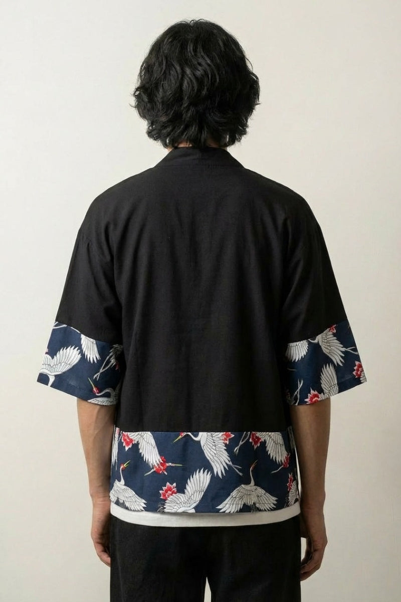 Kimono cardigan homme Hisashi noir vue dos empiècements grues tsuru streetwear japonais Japanstreet