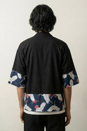Kimono cardigan homme Hisashi noir vue dos empiècements grues tsuru streetwear japonais Japanstreet
