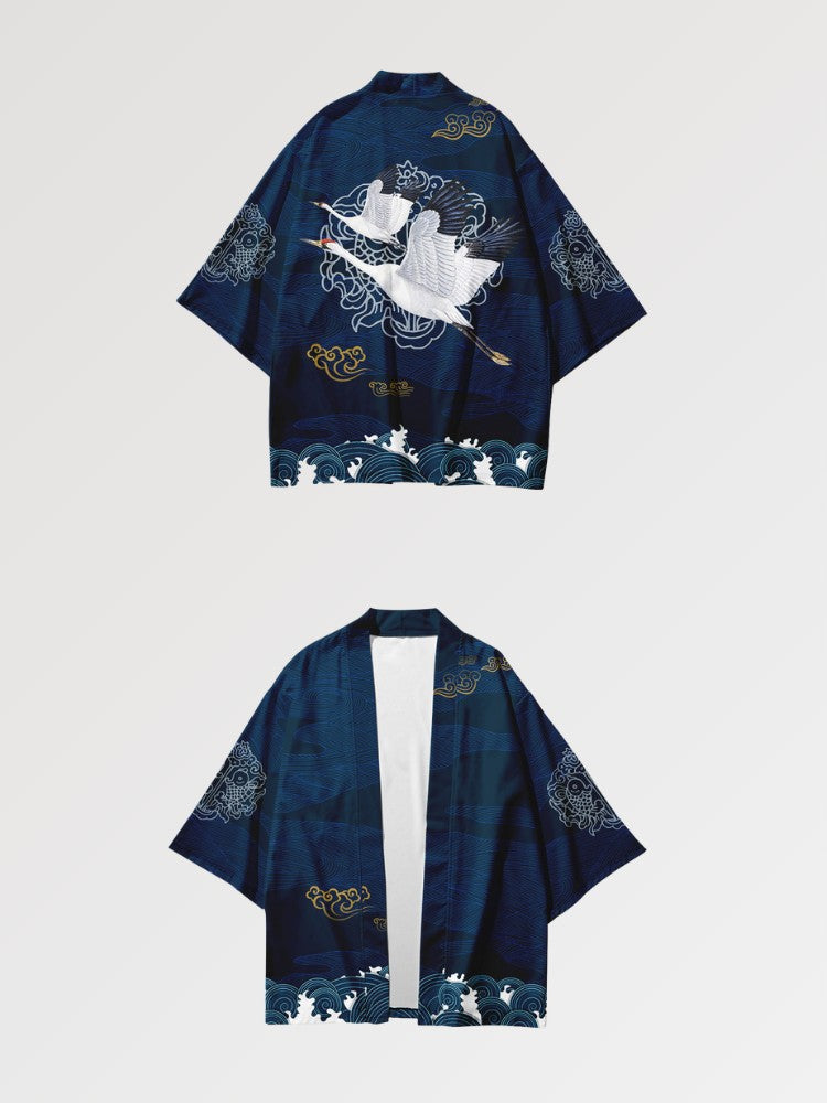 Kimono cardigan Tsuru japonais bleu marine streetwear contemporain Japanstreet