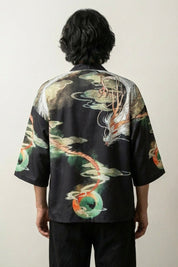 Kimono dragon Shen-Long Édition Kaïto vue dos motif dragon vert carpes koï oranges noir coton manches trois-quarts streetwear japonais Japanstreet
